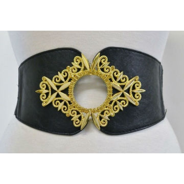 TRENDY FASHION GOLD BUCKLE WIDE CINCH ELASTIC WAIST LEATHER BELT